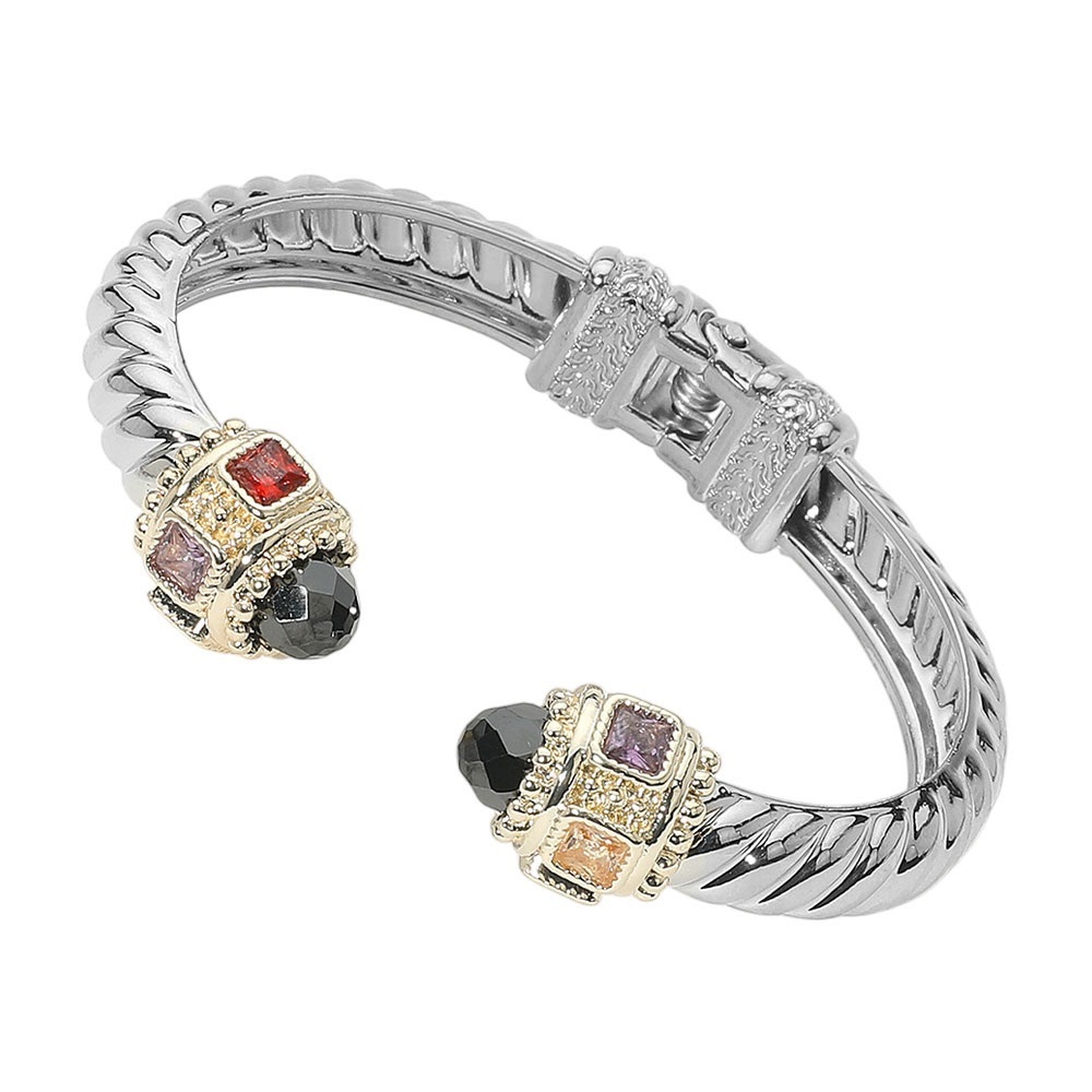 14K GP Two Tone CZ Black Cabochons Hinged cuff
